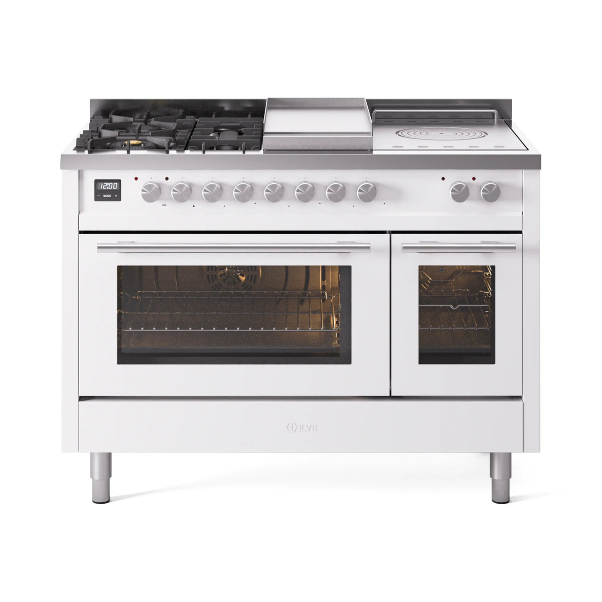 ILVE Professional Plus II 48-Inch Natural Gas Dual Fuel Range, 5 Burners, Griddle, French Top, Triple Glass Door, White (UP48FSWMPWH)
