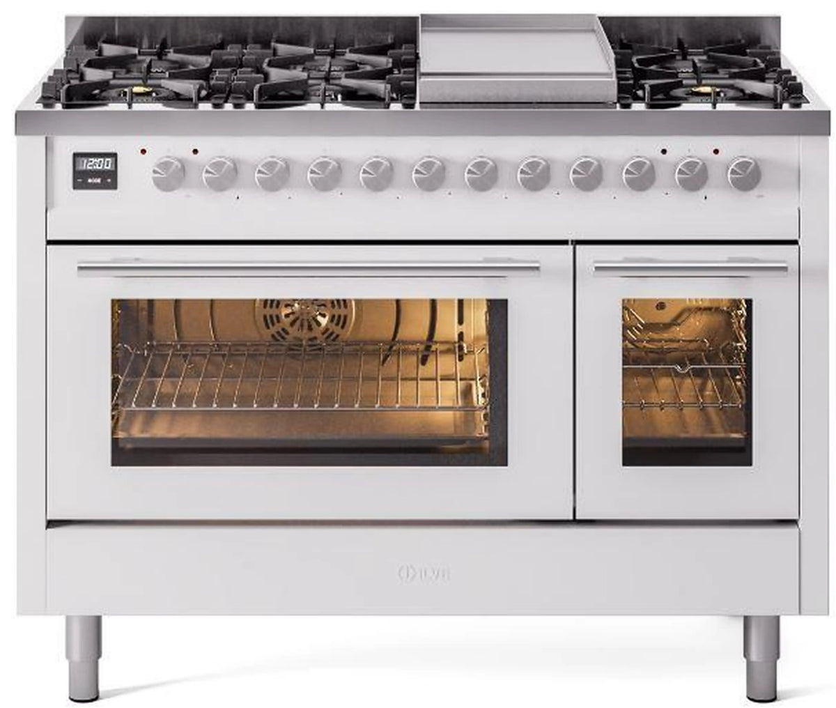 ILVE 48-Inch Professional Plus II Freestanding Propane Gas Dual Fuel Range with 8 Sealed Burner in White (UP48FWMPWHLP)