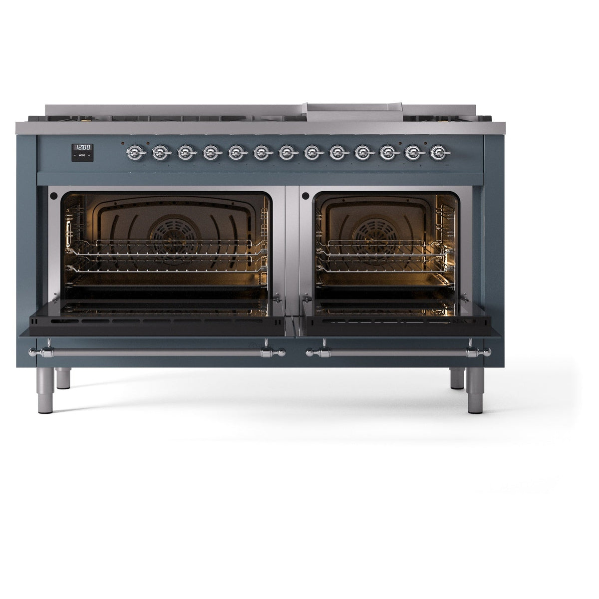 ILVE Nostalgie II 60-Inch Dual Fuel Freestanding Range in Blue Grey with Chrome Trim (UP60FNMPBGCLP)