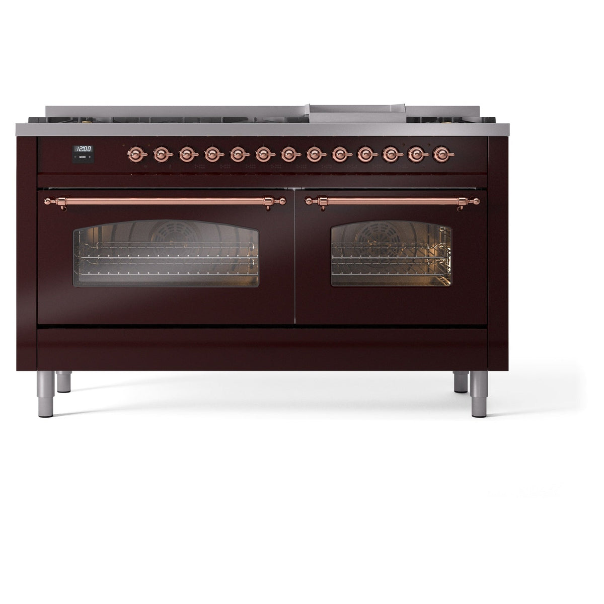 ILVE Nostalgie II 60-Inch Propane Dual Fuel Range, 9 Burners, Griddle, Triple Glass Door Oven, Burgundy with Copper Trim (UP60FNMPBUPLP)