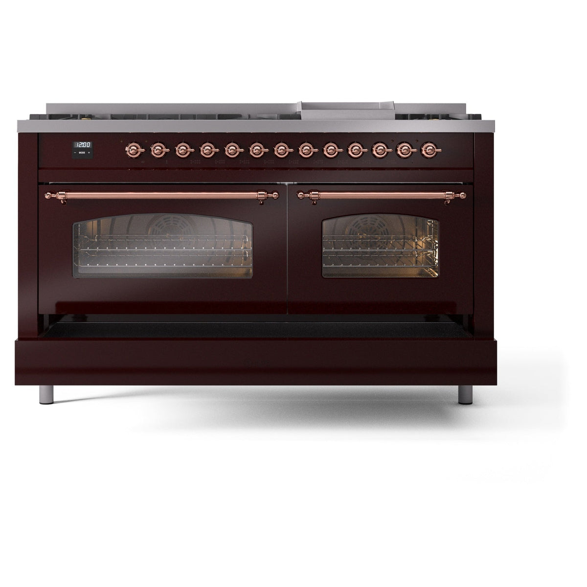 ILVE Nostalgie II 60-Inch Natural Gas Dual Fuel Range, 9 Burners, Griddle, Triple Glass Door, Burgundy with Copper Trim (UP60FNMPBUP)