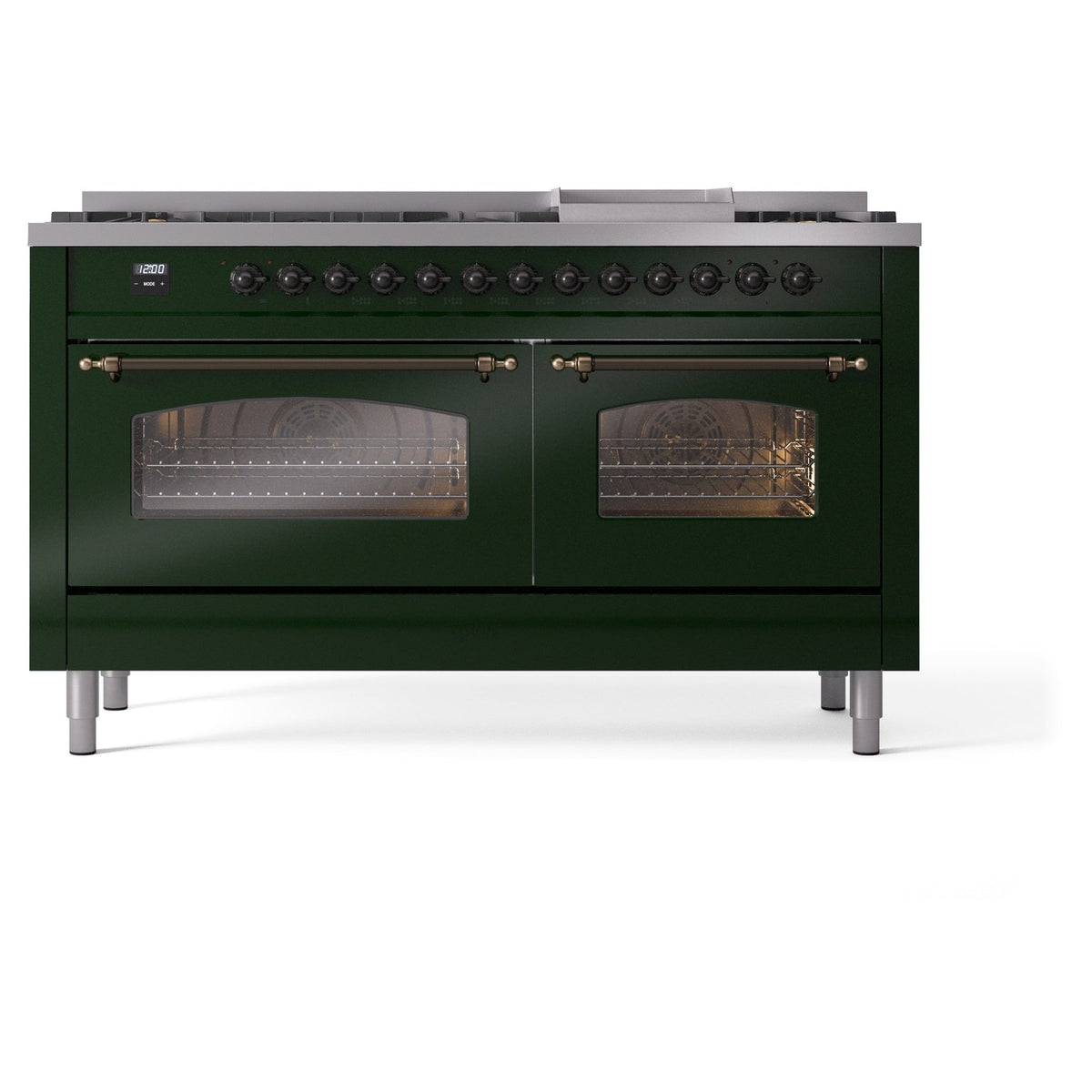 ILVE Nostalgie II 60-Inch Natural Gas Dual Fuel Range, 9 Burners, Griddle, Emerald Green with Burnished Bronze Trim (UP60FNMPEGB)