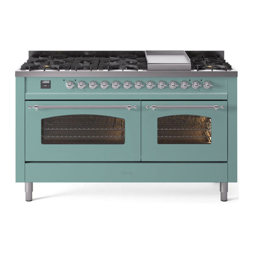 ILVE Nostalgie II 60-Inch Freestanding Natural Gas Dual Fuel Range in Mediterranean Mint with Chrome Trim (UP60FNMPMMC)