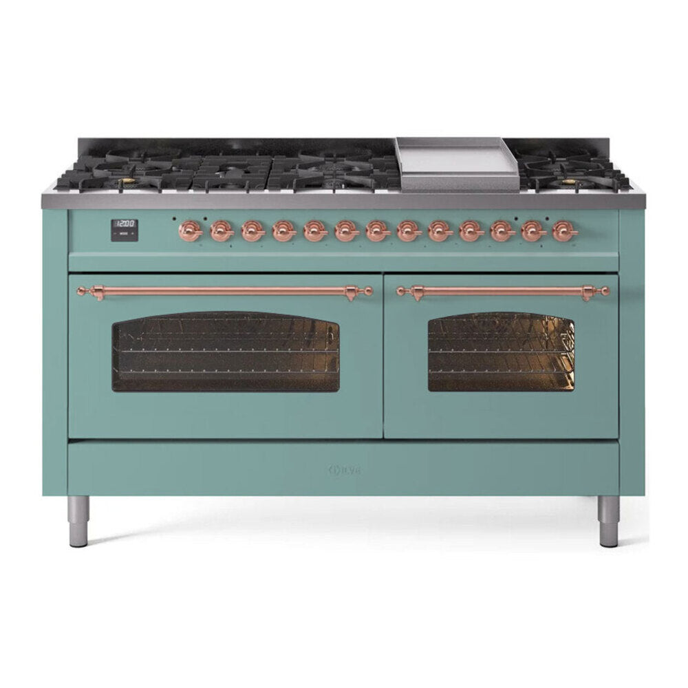 ILVE Nostalgie II 60-Inch Propane Dual Fuel Range, 9 Burners, Griddle, Glass Door Oven, Mediterranean Mint with Copper Trim (UP60FNMPMMPLP)