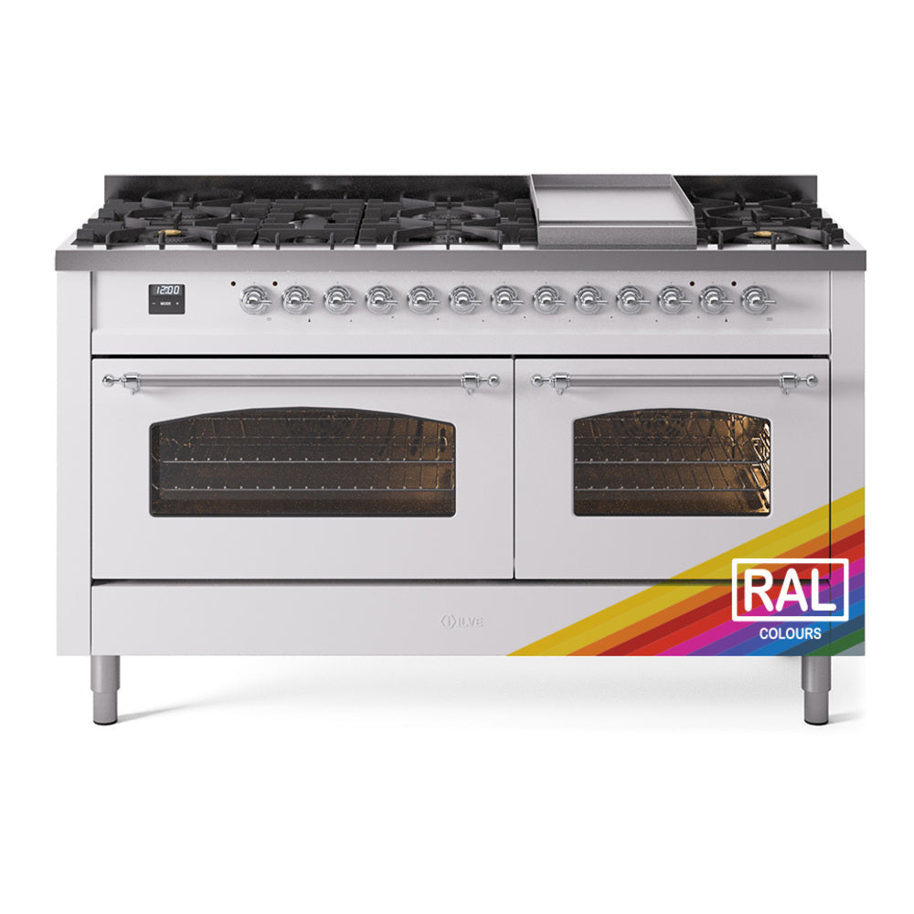 ILVE Nostalgie II 60-Inch Propane Dual Fuel Range, 9 Burners, Griddle, Glass Door Oven, Custom RAL with Chrome Trim (UP60FNMPRACLP)