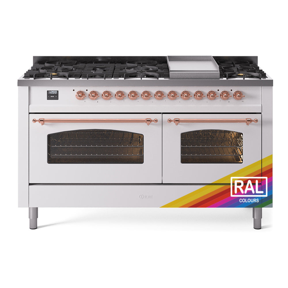 ILVE Nostalgie II 60-Inch Propane Dual Fuel Range, 9 Burners, Griddle, Glass Door Oven, Custom RAL with Copper Trim (UP60FNMPRAPLP)