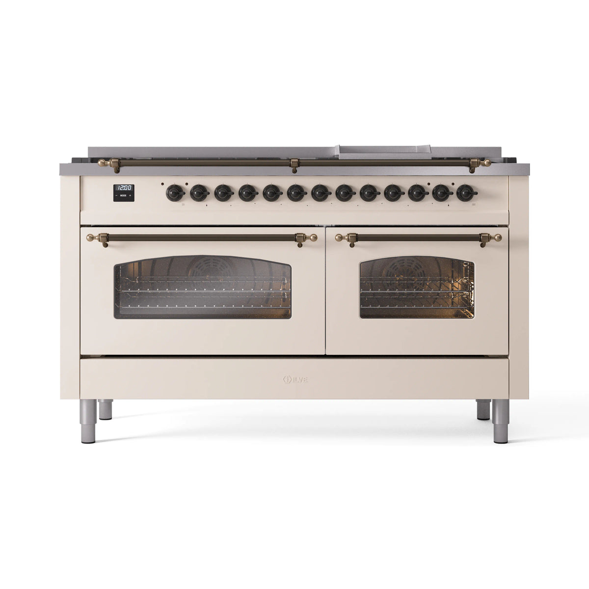 ILVE Nostalgie II 60-Inch Natural Gas Dual Fuel Range, 9 Burners, Griddle, Antique White with Burnished Bronze Trim (UP60FNMPAWB)