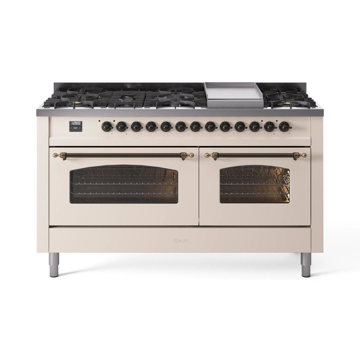 ILVE Nostalgie II 60-Inch Propane Dual Fuel Range, 9 Burners, Griddle, Glass Door Oven, Antique White with Bronze Trim (UP60FNMPAWBLP)