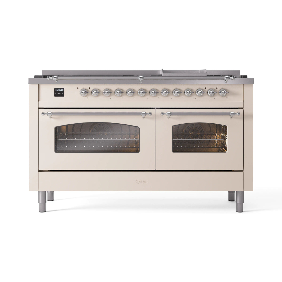 ILVE Nostalgie II 60-Inch Propane Dual Fuel Range, 9 Burners, Griddle, Glass Door Oven, Antique White with Chrome Trim (UP60FNMPAWCLP)