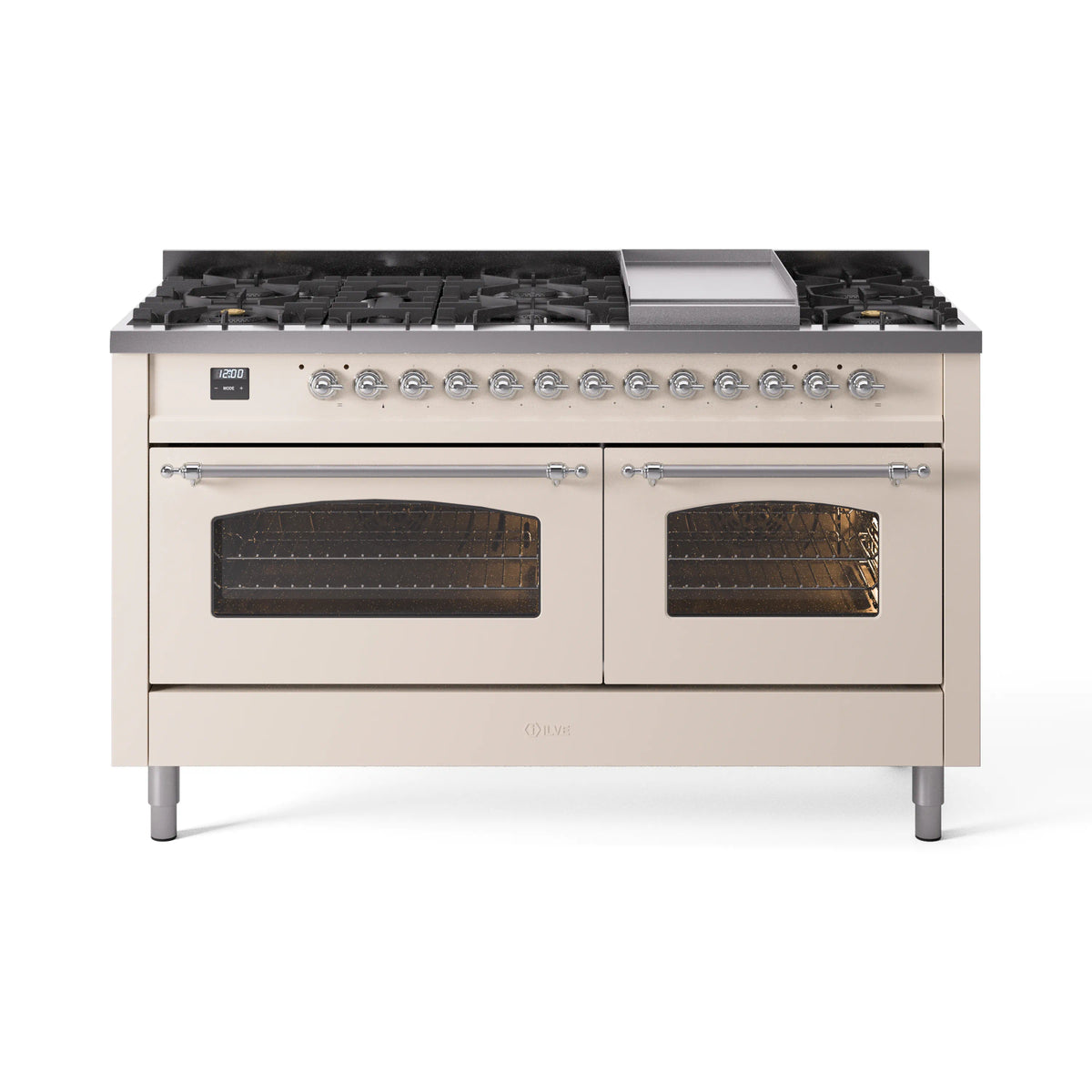 ILVE Nostalgie II 60-Inch Propane Dual Fuel Range, 9 Burners, Griddle, Glass Door Oven, Antique White with Chrome Trim (UP60FNMPAWCLP)