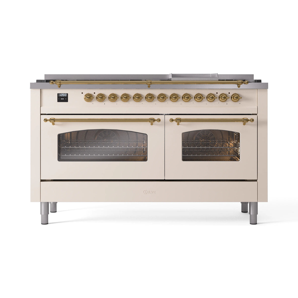 ILVE Nostalgie II 60-Inch Natural Gas Dual Fuel Range, 9 Burners, Griddle, Triple Glass Door, Antique White with Brass Trim (UP60FNMPAWG)
