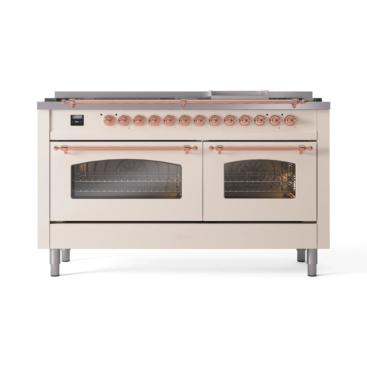 ILVE Nostalgie II 60-Inch Propane Dual Fuel Range, 9 Burners, Griddle, Glass Door Oven, Antique White with Copper Trim (UP60FNMPAWPLP)