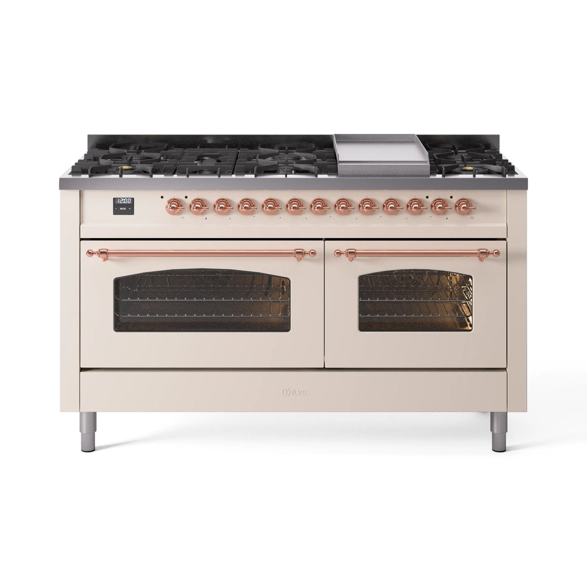ILVE Nostalgie II 60-Inch Natural Gas Dual Fuel Range, 9 Burners, Griddle, Triple Glass Door, Antique White with Copper Trim (UP60FNMPAWP)