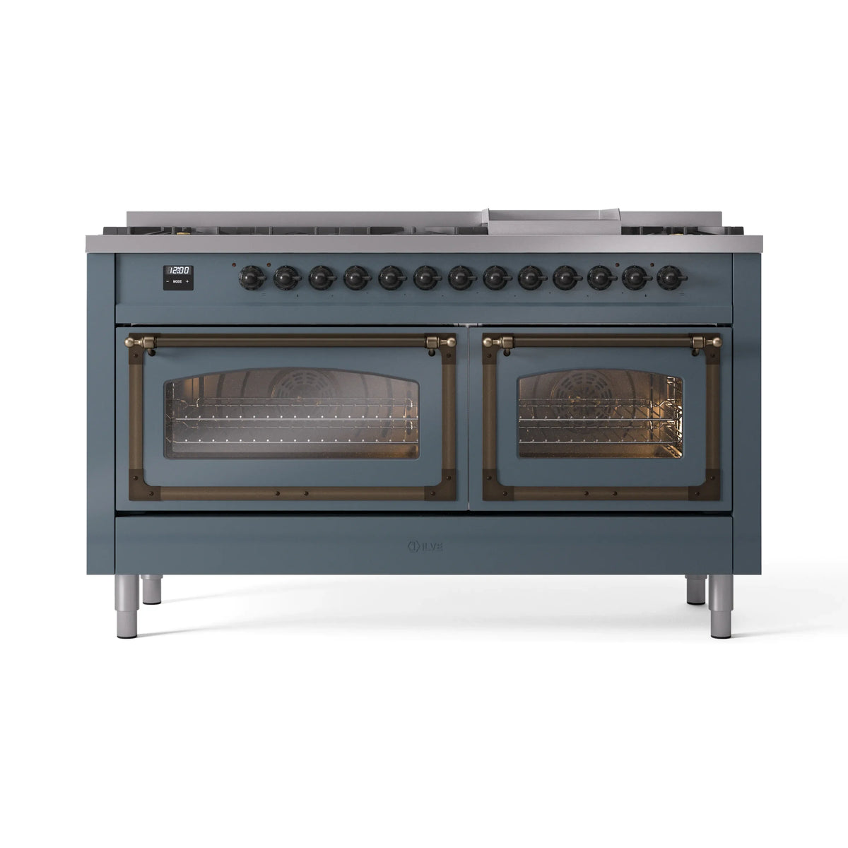 ILVE Nostalgie II Noblesse 60-Inch Natural Gas Dual Fuel Range, Blue Grey with Burnished Bronze Trim (UN60FNMPBGB)