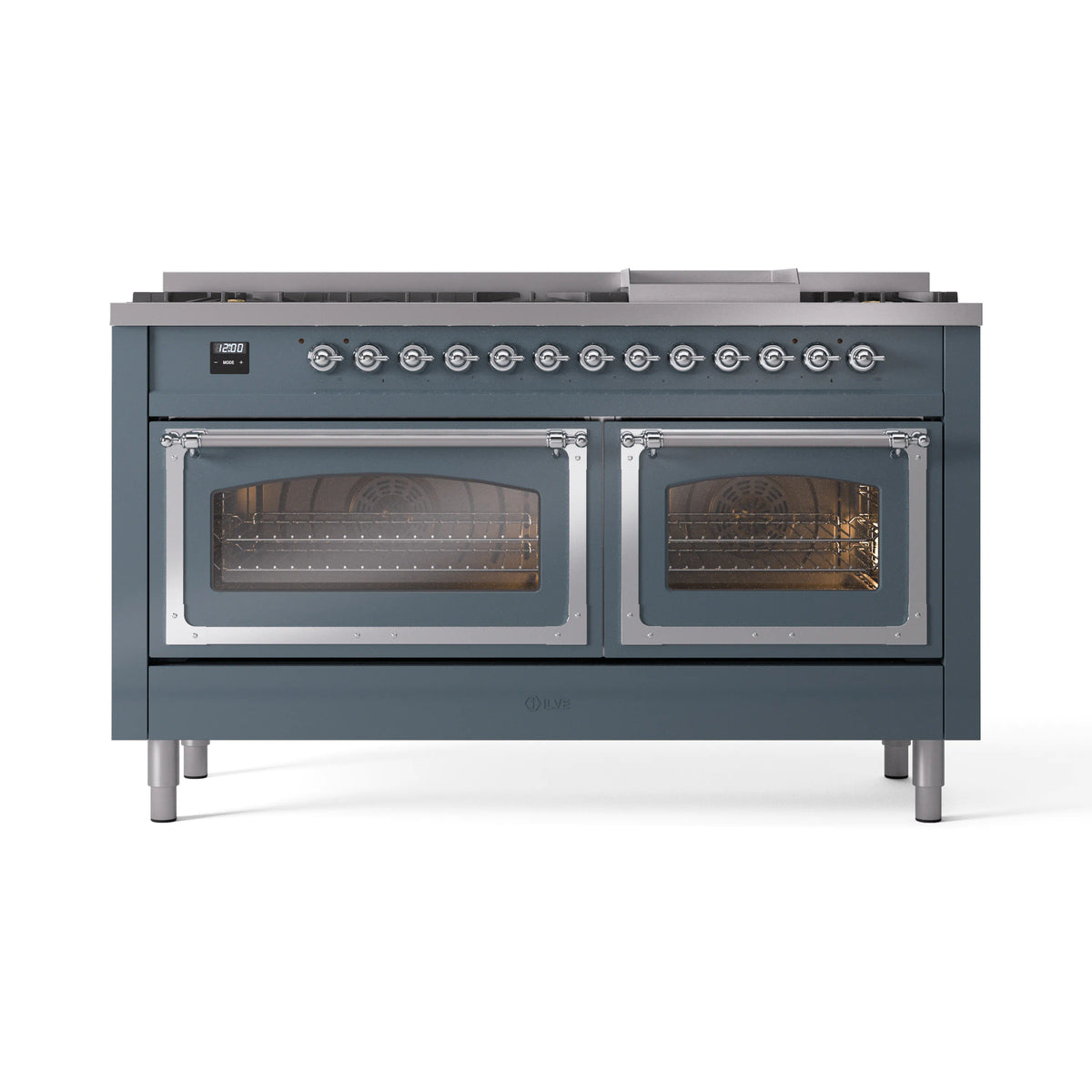 ILVE Nostalgie II Noblesse 60-Inch Natural Gas Dual Fuel Range, Blue Grey with Chrome Trim (UN60FNMPBGC)