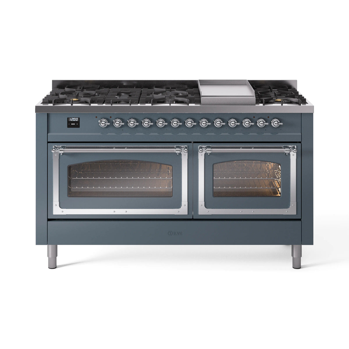 ILVE Nostalgie II Noblesse 60-Inch Natural Gas Dual Fuel Range, Blue Grey with Chrome Trim (UN60FNMPBGC)