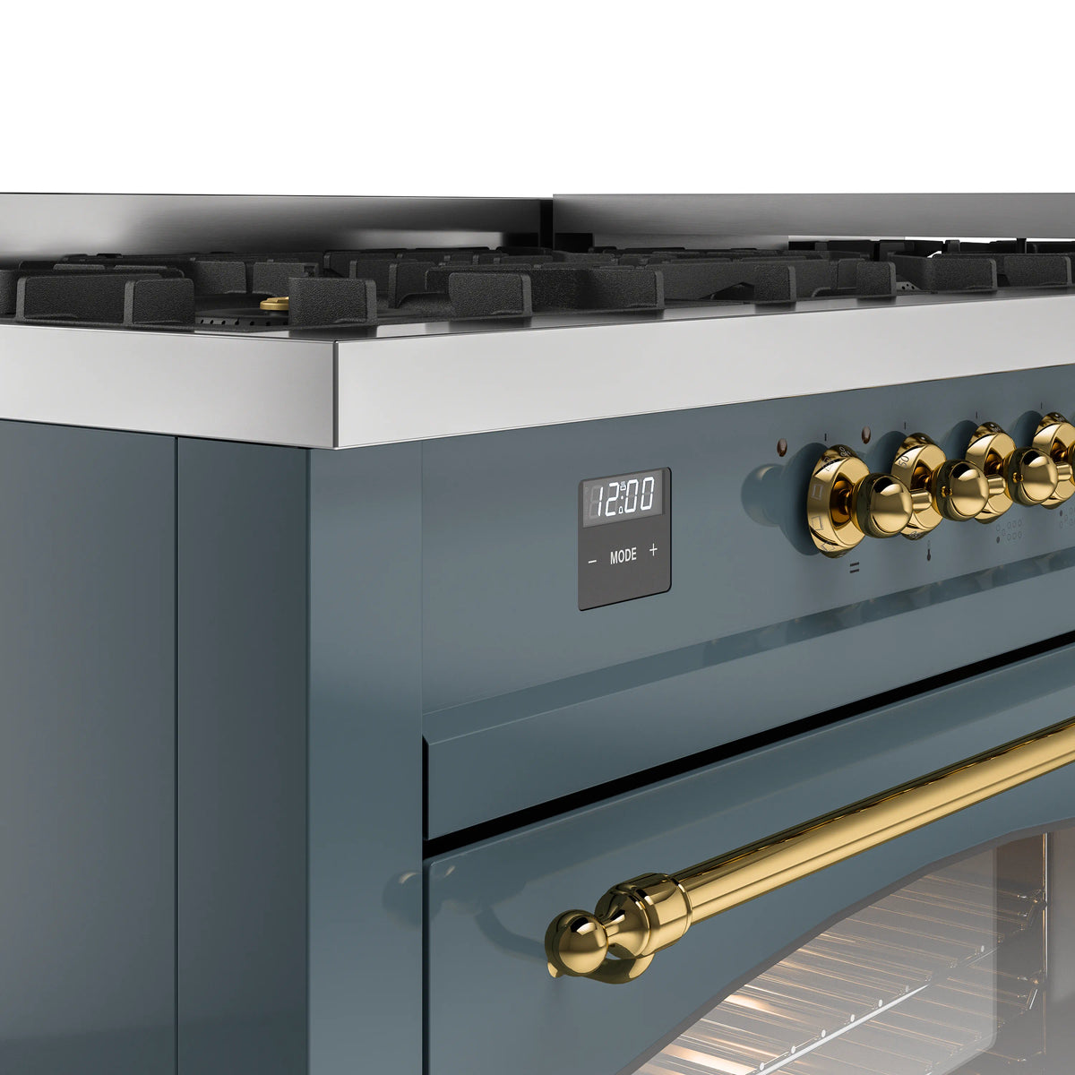 ILVE Nostalgie II 60-Inch Dual Fuel Freestanding Range in Blue Grey with Brass Trim (UP60FNMPBGGLP)