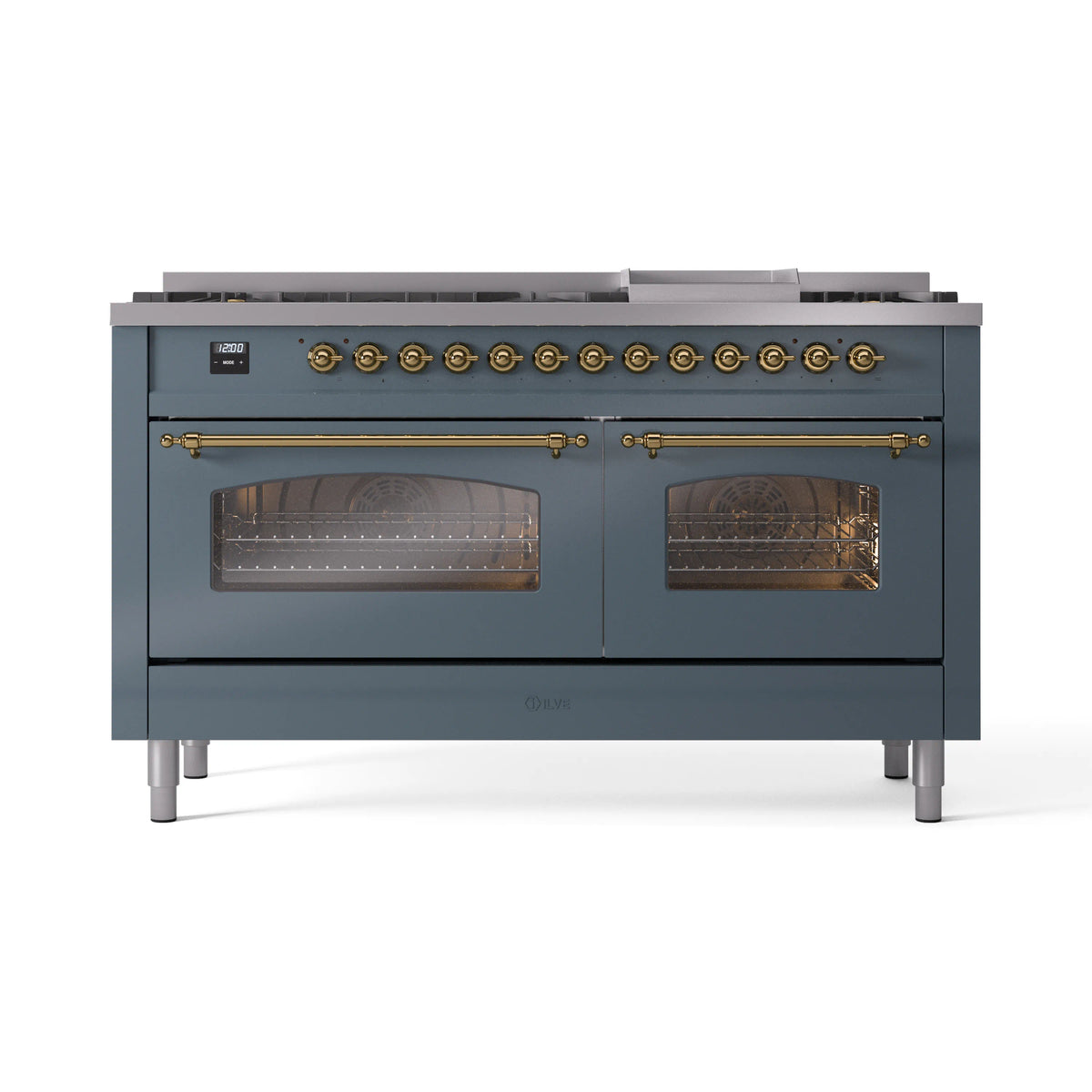 ILVE Nostalgie II 60-Inch Dual Fuel Freestanding Range in Blue Grey with Brass Trim (UP60FNMPBGGLP)