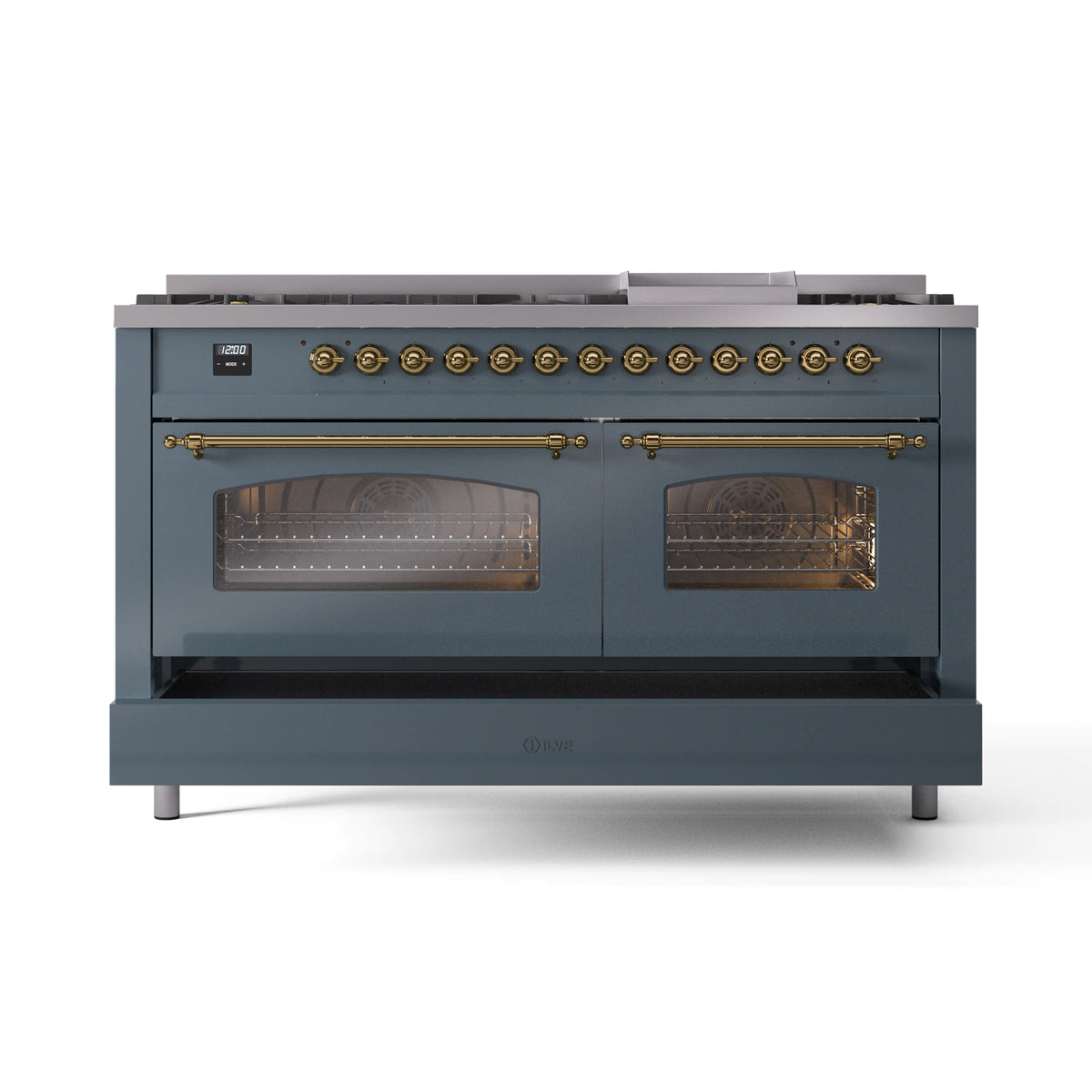 ILVE Nostalgie II 60-Inch Dual Fuel Freestanding Range in Blue Grey with Brass Trim (UP60FNMPBGGLP)