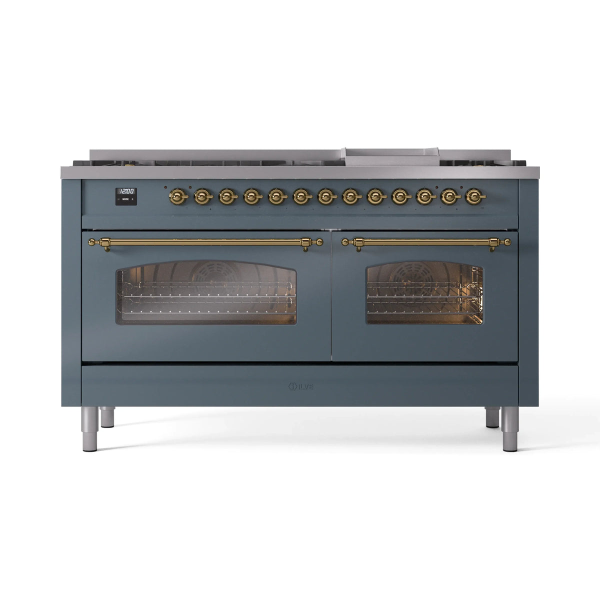ILVE Nostalgie II 60-Inch Freestanding Natural Gas Dual Fuel Range in Blue Grey with Brass Trim (UP60FNMPBGG)