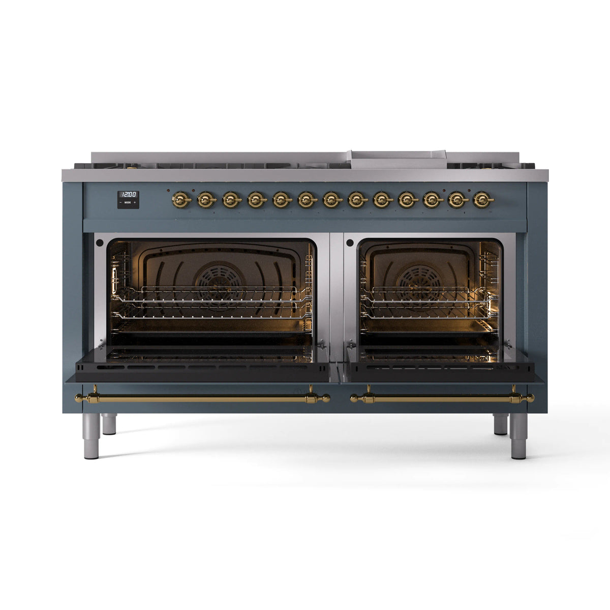 ILVE Nostalgie II 60-Inch Dual Fuel Freestanding Range in Blue Grey with Brass Trim (UP60FNMPBGGLP)
