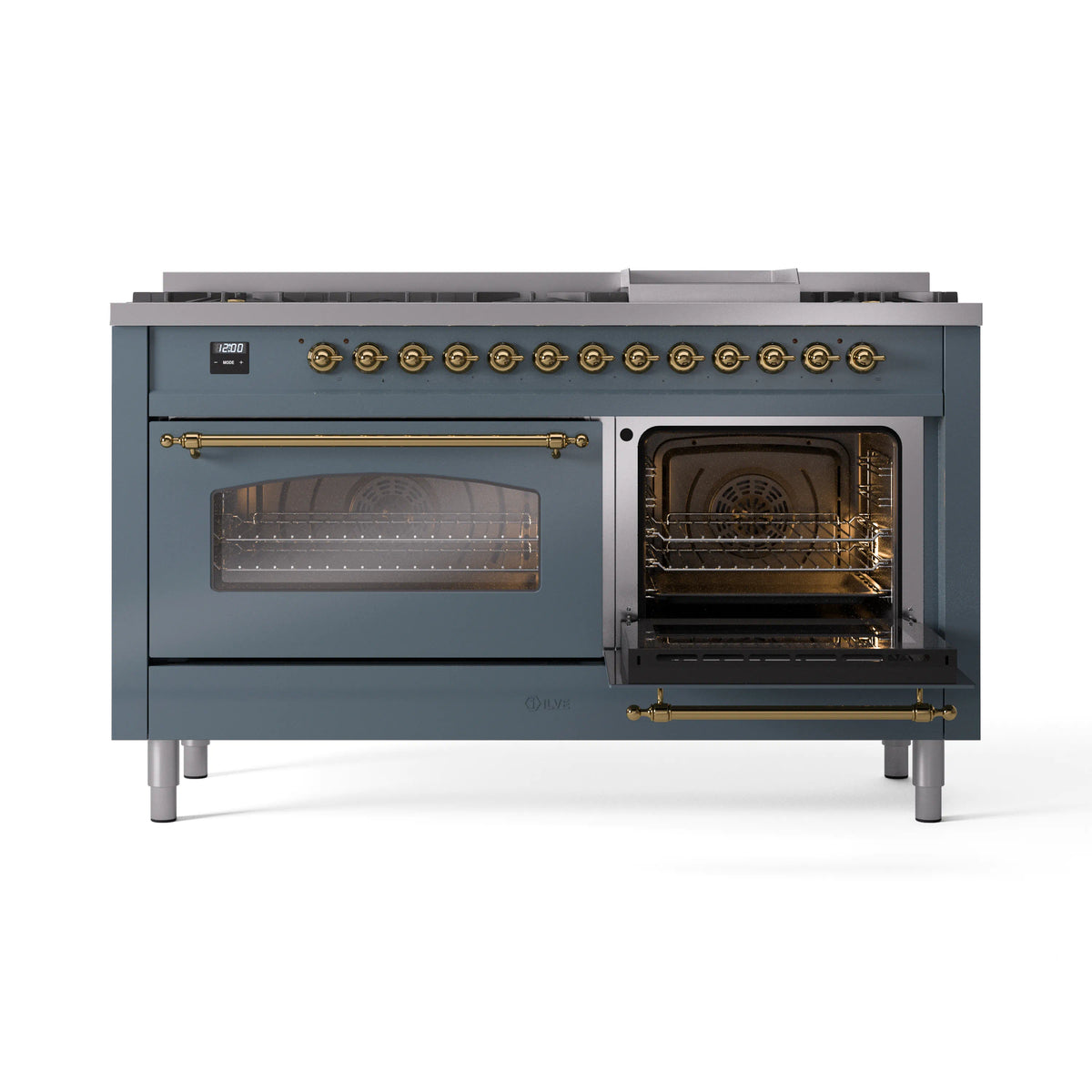 ILVE Nostalgie II 60-Inch Freestanding Natural Gas Dual Fuel Range in Blue Grey with Brass Trim (UP60FNMPBGG)