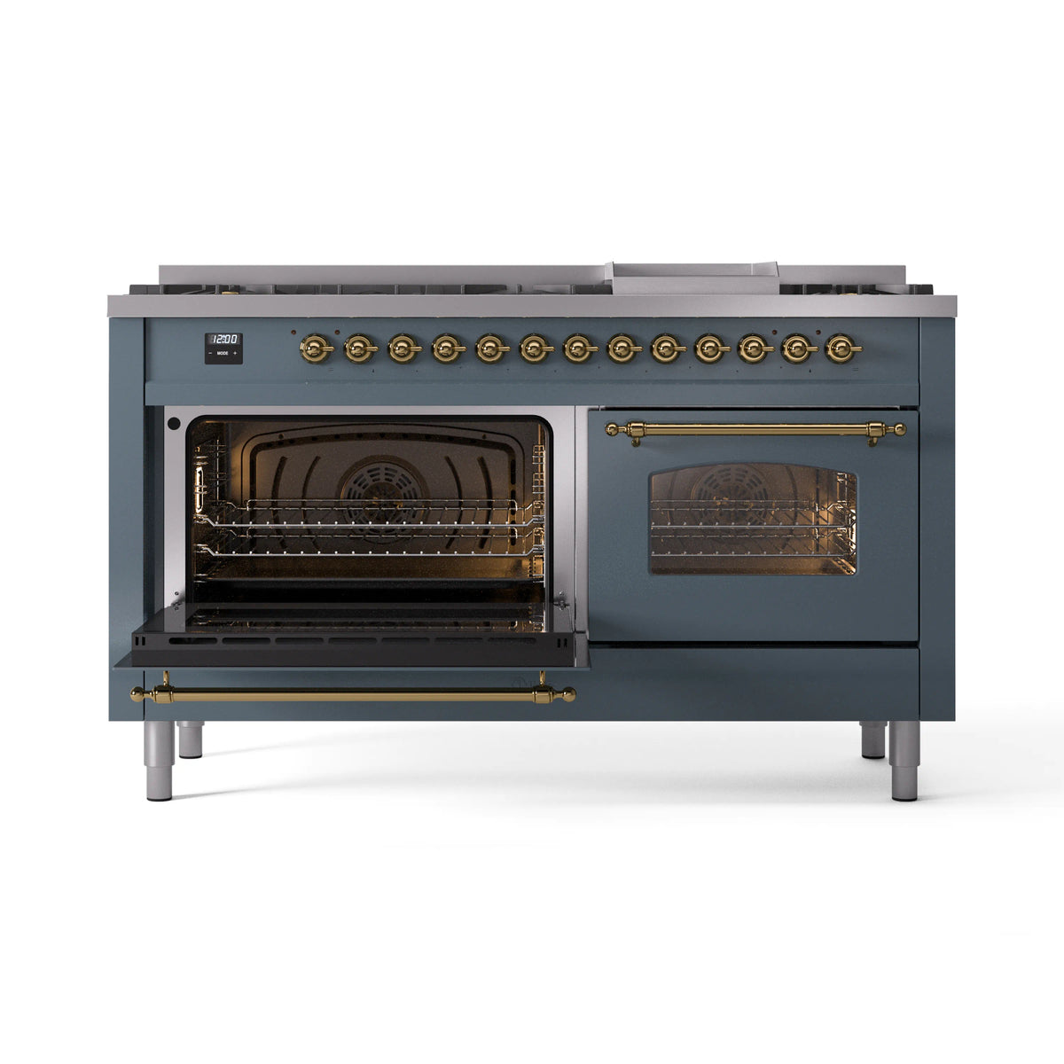 ILVE Nostalgie II 60-Inch Freestanding Natural Gas Dual Fuel Range in Blue Grey with Brass Trim (UP60FNMPBGG)