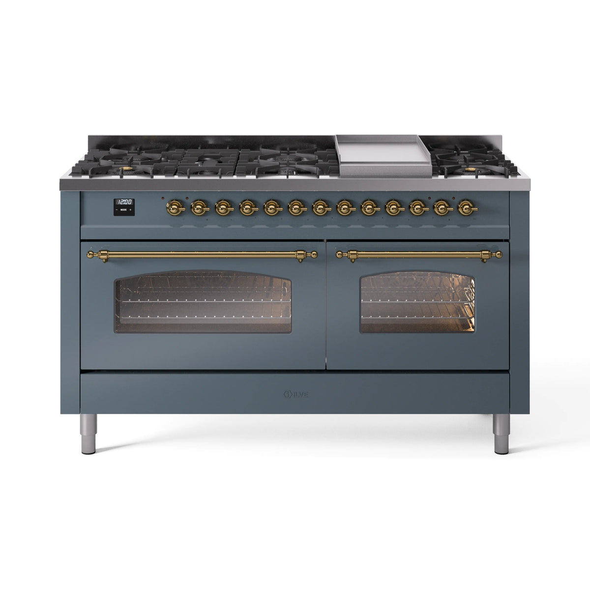 ILVE Nostalgie II 60-Inch Dual Fuel Freestanding Range in Blue Grey with Brass Trim (UP60FNMPBGGLP)