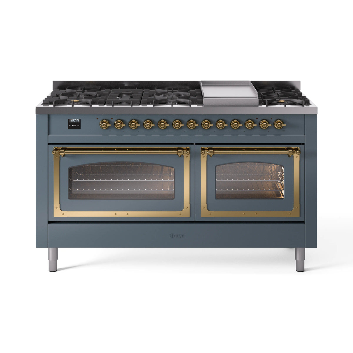 ILVE Nostalgie II Noblesse 60-Inch Propane Dual Fuel Range, Blue Grey with Brass Trim (UN60FNMPBGGLP)