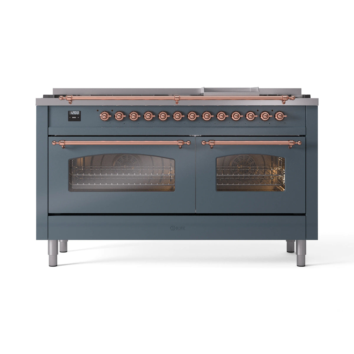 ILVE Nostalgie II 60-Inch Propane Dual Fuel Range, 9 Burners, Griddle, Triple Glass Door Oven, Blue Grey with Copper Trim (UP60FNMPBGPLP)