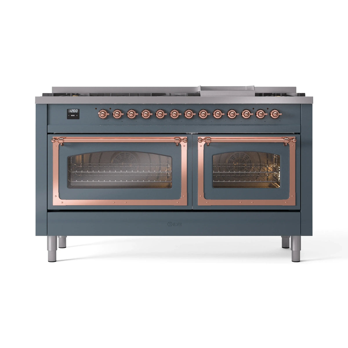 ILVE Nostalgie II Noblesse 60-Inch Natural Gas Dual Fuel Range, Blue Grey with Copper Trim (UN60FNMPBGP)