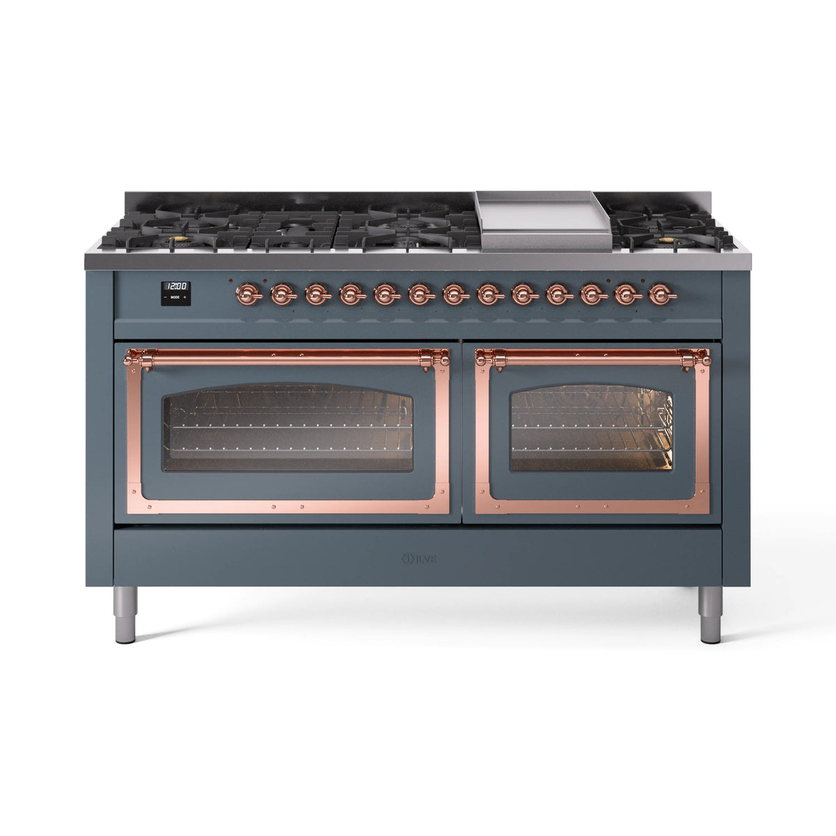 ILVE Nostalgie II Noblesse 60-Inch Natural Gas Dual Fuel Range, Blue Grey with Copper Trim (UN60FNMPBGP)