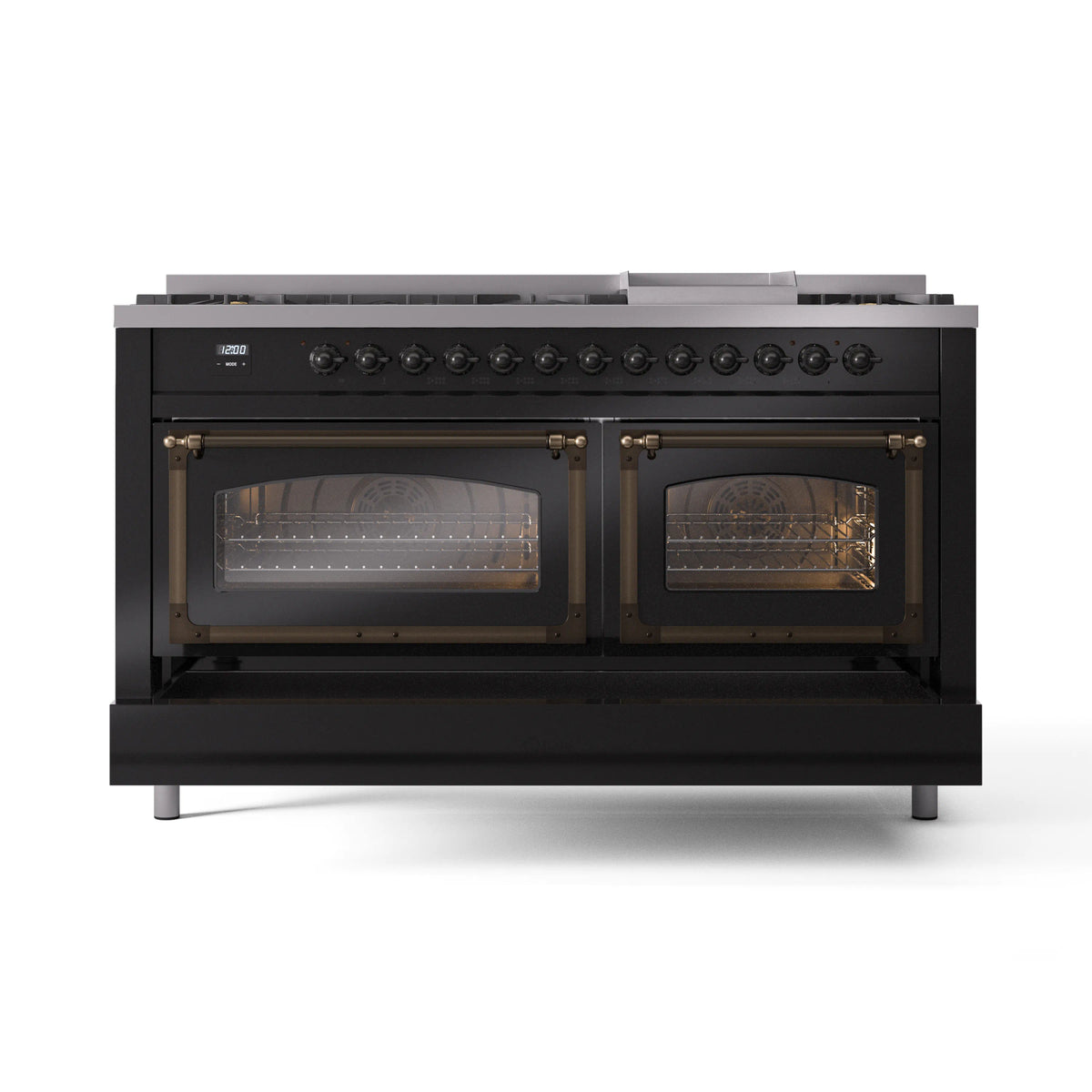 ILVE Nostalgie II Noblesse 60-Inch Propane Dual Fuel Range, 9 Burners, Triple Glass Door Oven, Glossy Black with Bronze Trim (UN60FNMPBKBLP)