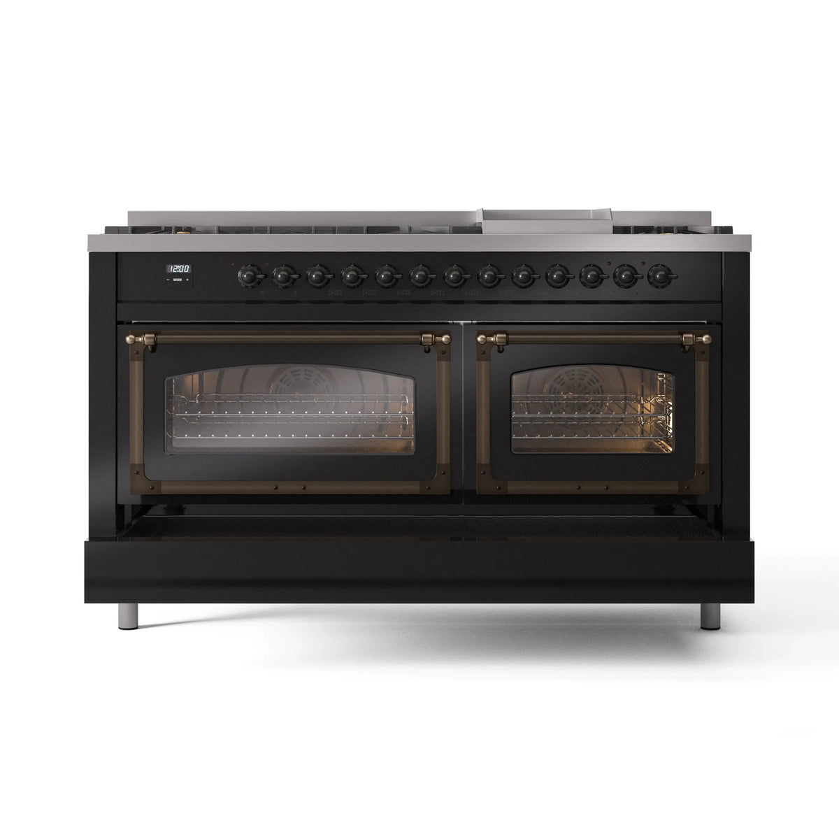 ILVE Nostalgie II Noblesse 60-Inch Natural Gas Dual Fuel Range, Glossy Black with Burnished Bronze Trim (UN60FNMPBKB)