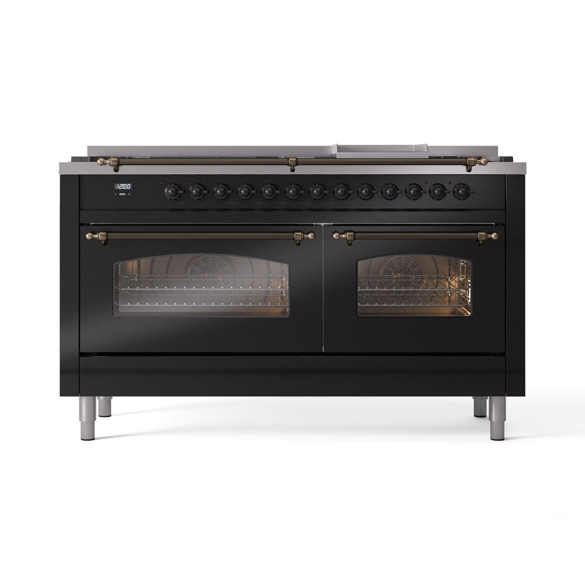 ILVE Nostalgie II 60-Inch Natural Gas Dual Fuel Range, 9 Burners, Griddle, Glossy Black with Burnished Bronze Trim (UP60FNMPBKB)