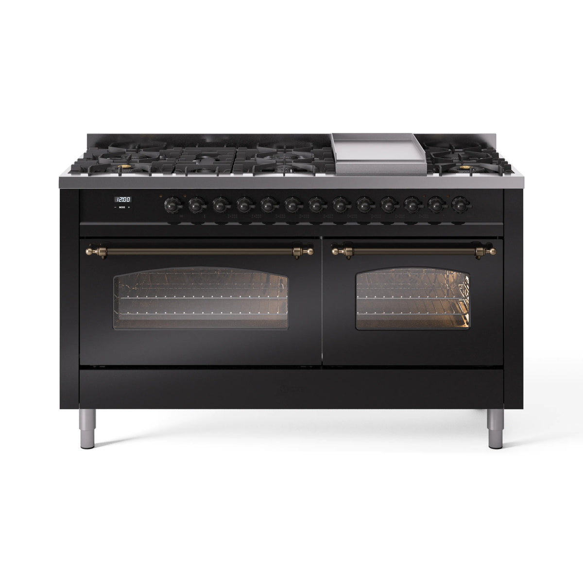 ILVE Nostalgie II 60-Inch Natural Gas Dual Fuel Range, 9 Burners, Griddle, Glossy Black with Burnished Bronze Trim (UP60FNMPBKB)