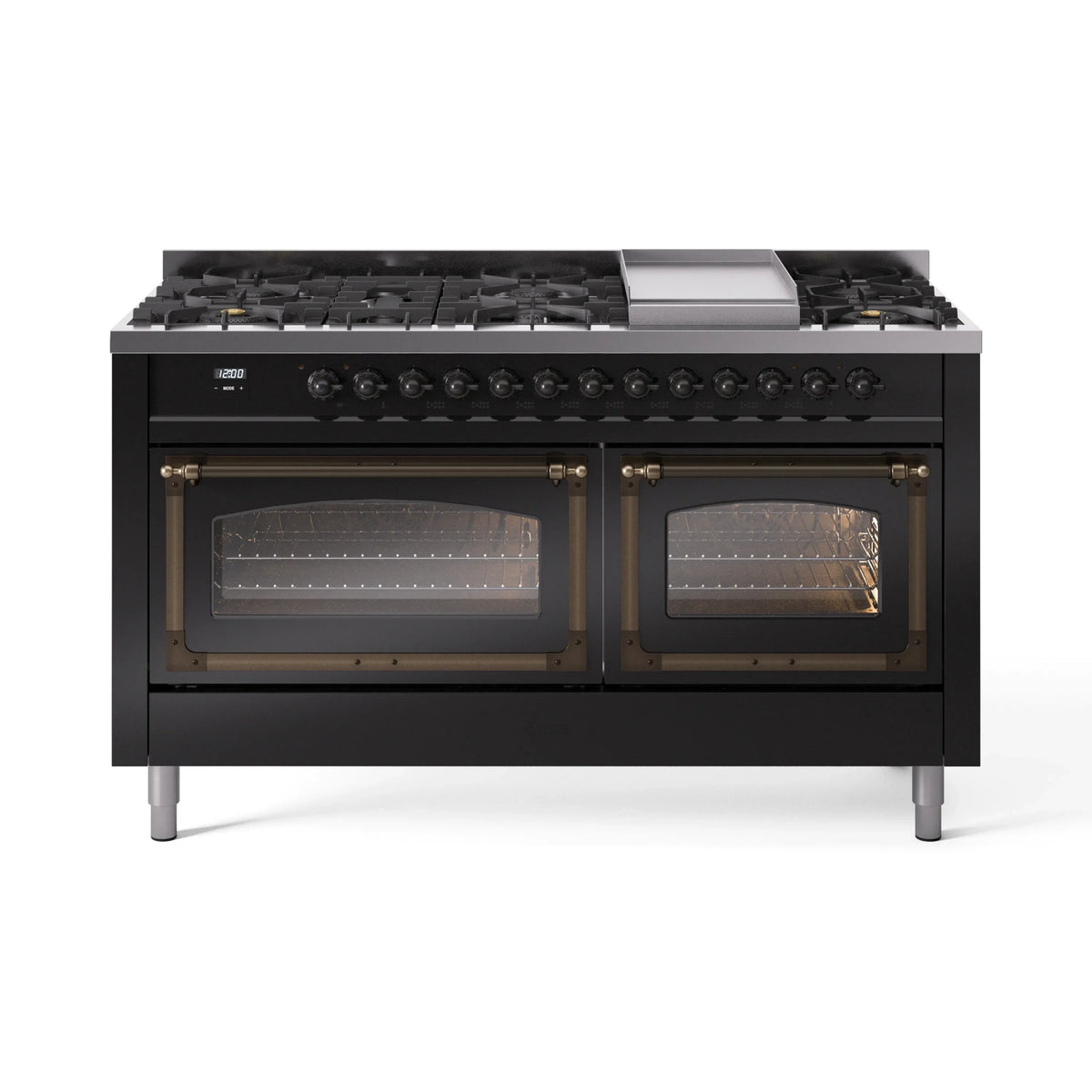 ILVE Nostalgie II Noblesse 60-Inch Natural Gas Dual Fuel Range, Glossy Black with Burnished Bronze Trim (UN60FNMPBKB)