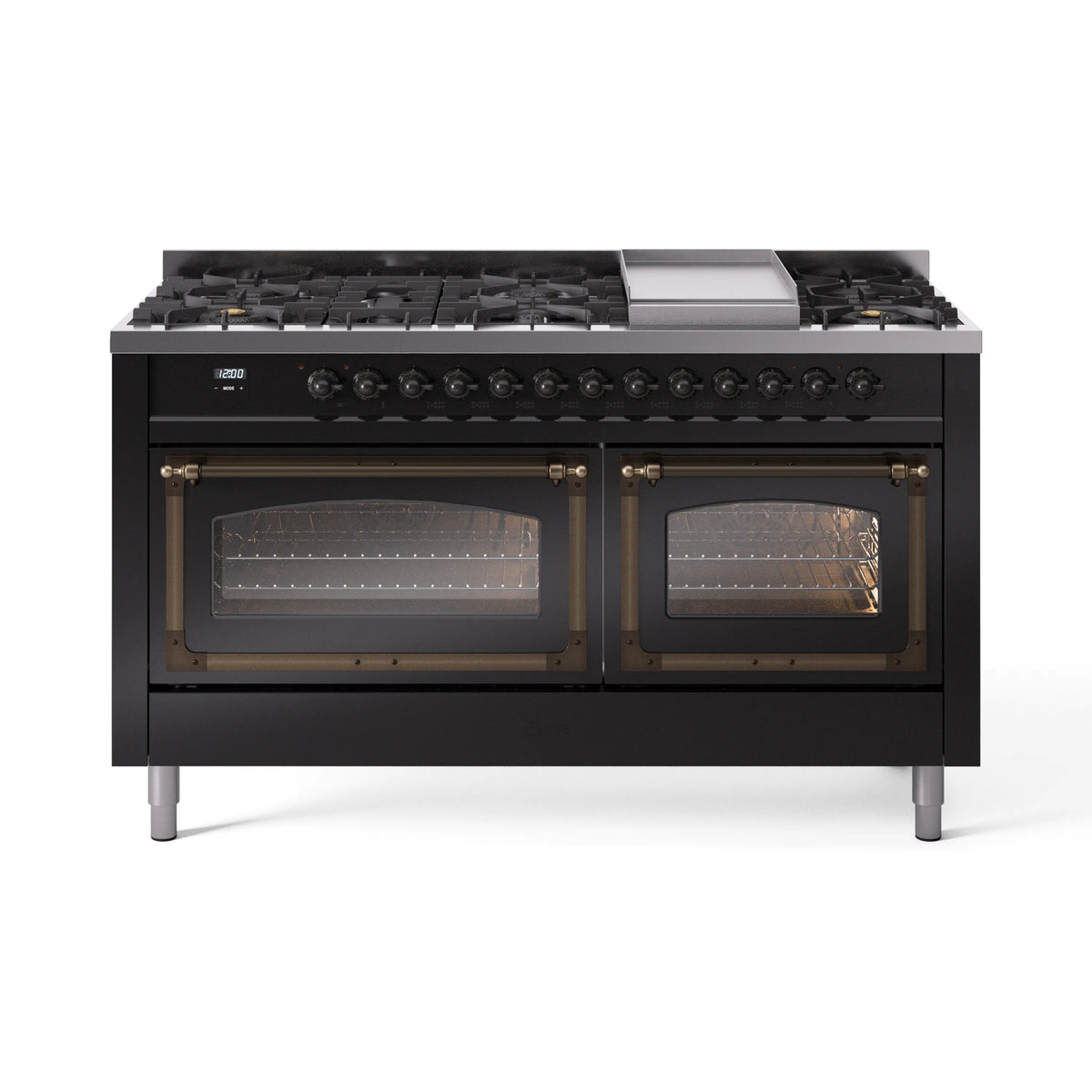 ILVE Nostalgie II Noblesse 60-Inch Propane Dual Fuel Range, 9 Burners, Triple Glass Door Oven, Glossy Black with Bronze Trim (UN60FNMPBKBLP)