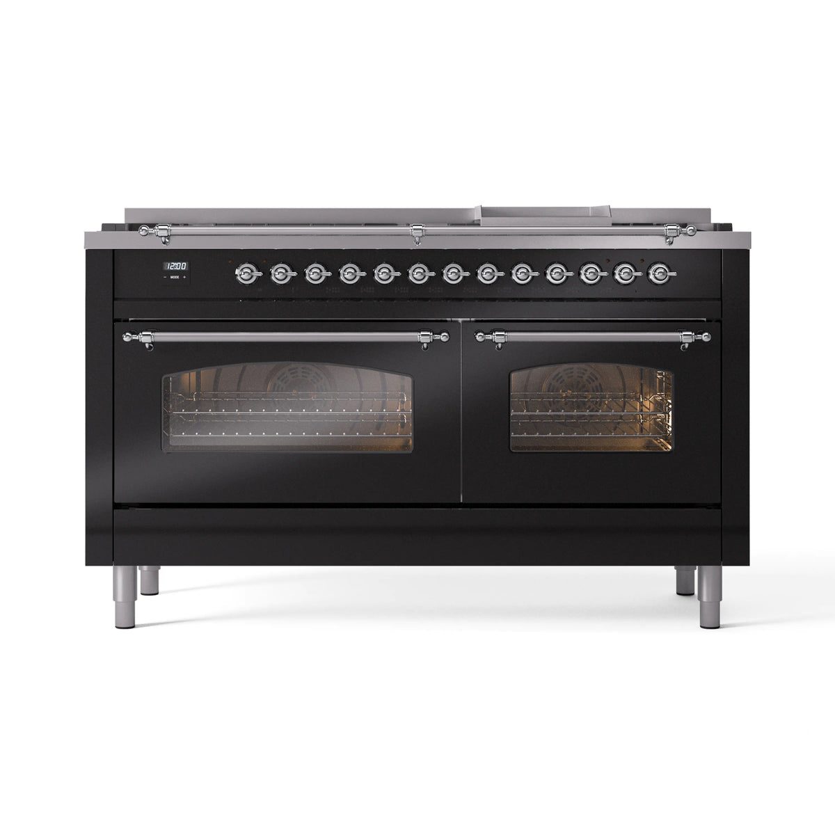 ILVE Nostalgie II 60-Inch Natural Gas Dual Fuel Range, 9 Burners, Griddle, Triple Glass Door, Glossy Black with Chrome Trim (UP60FNMPBKC)