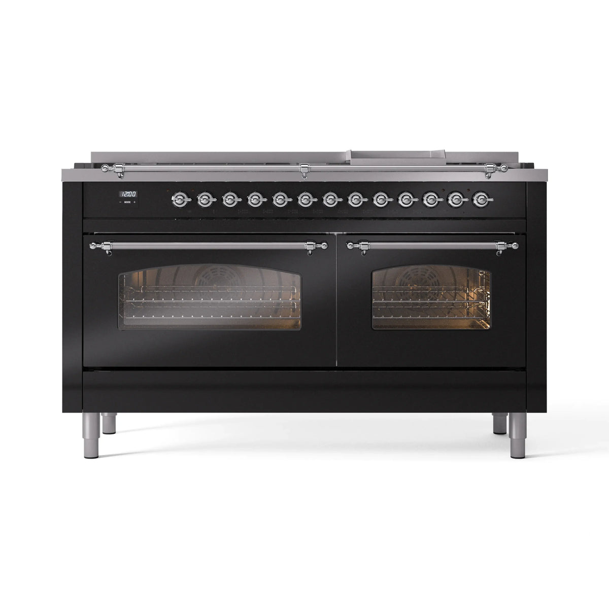 ILVE Nostalgie II 60-Inch Propane Dual Fuel Range, 9 Burners, Griddle, Glass Door Oven, Glossy Black with Chrome Trim (UP60FNMPBKCLP)
