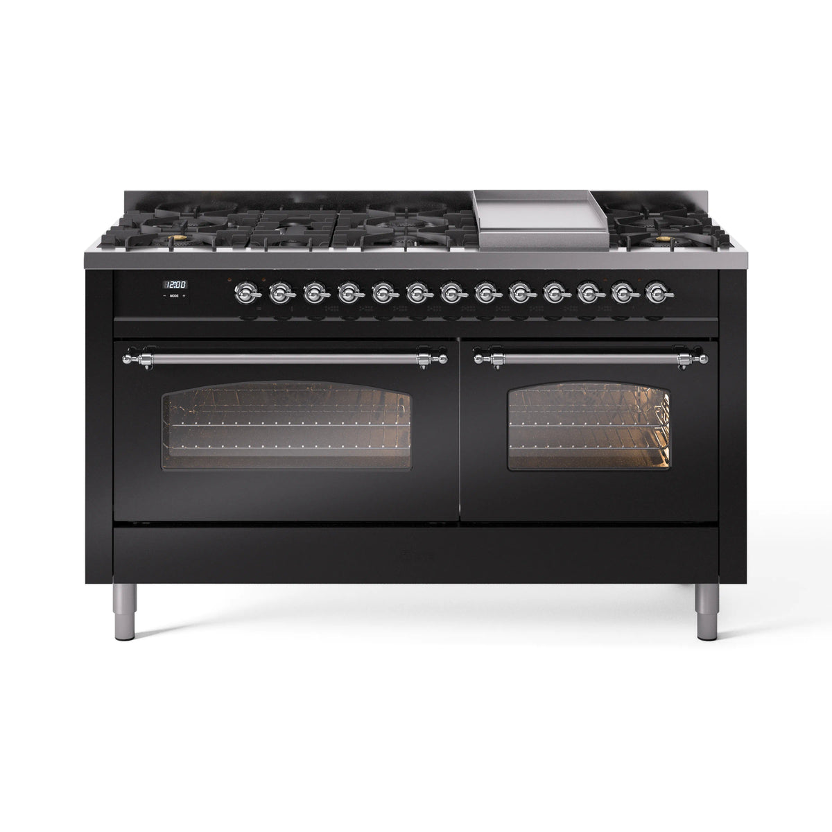 ILVE Nostalgie II 60-Inch Propane Dual Fuel Range, 9 Burners, Griddle, Glass Door Oven, Glossy Black with Chrome Trim (UP60FNMPBKCLP)