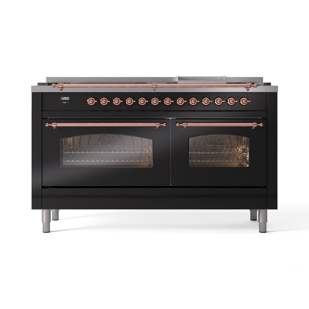 ILVE Nostalgie II 60-Inch Propane Dual Fuel Range, 9 Burners, Griddle, Glass Door Oven, Glossy Black with Copper Trim (UP60FNMPBKPLP)