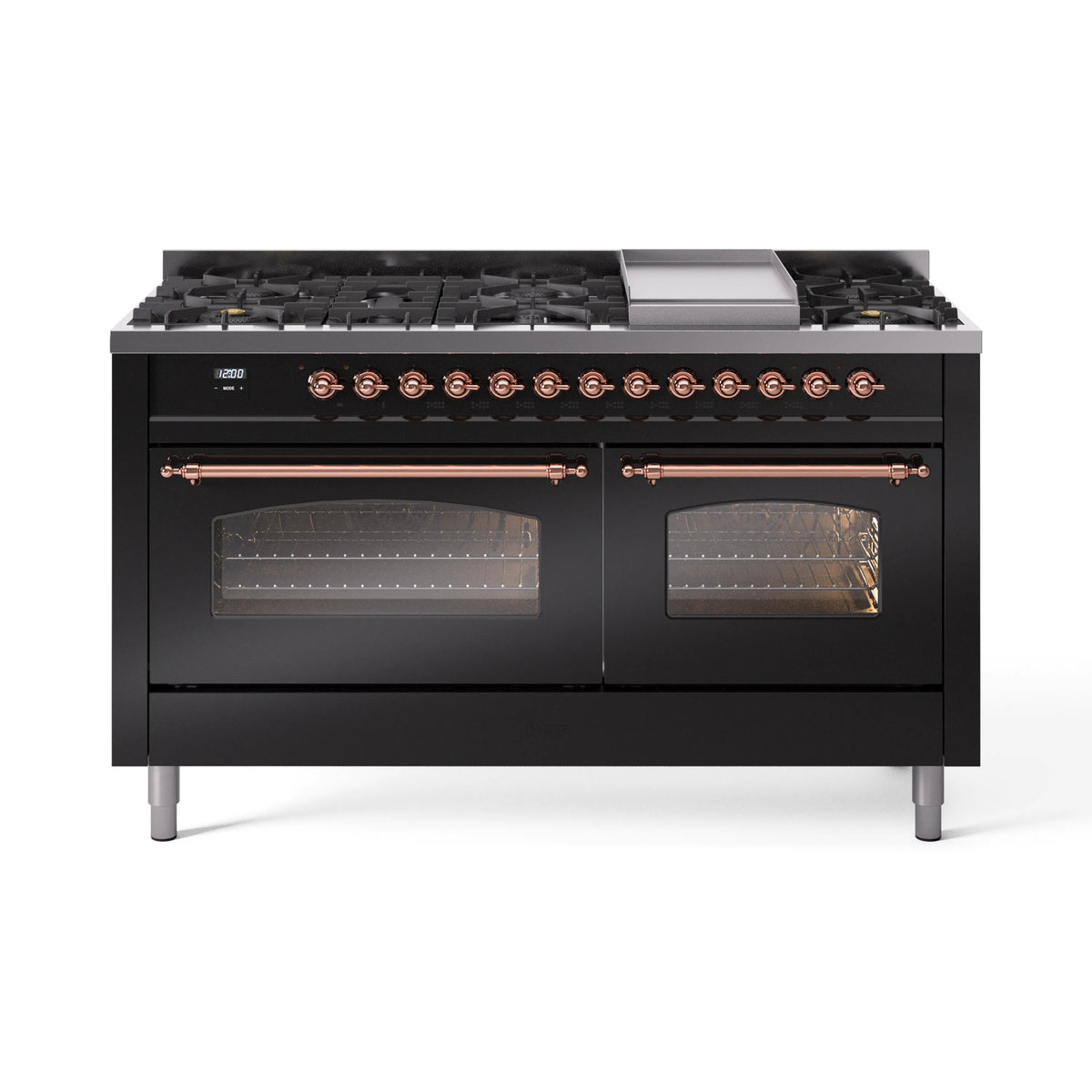 ILVE Nostalgie II 60-Inch Natural Gas Dual Fuel Range, 9 Burners, Griddle, Triple Glass Door, Glossy Black with Copper Trim (UP60FNMPBKP)