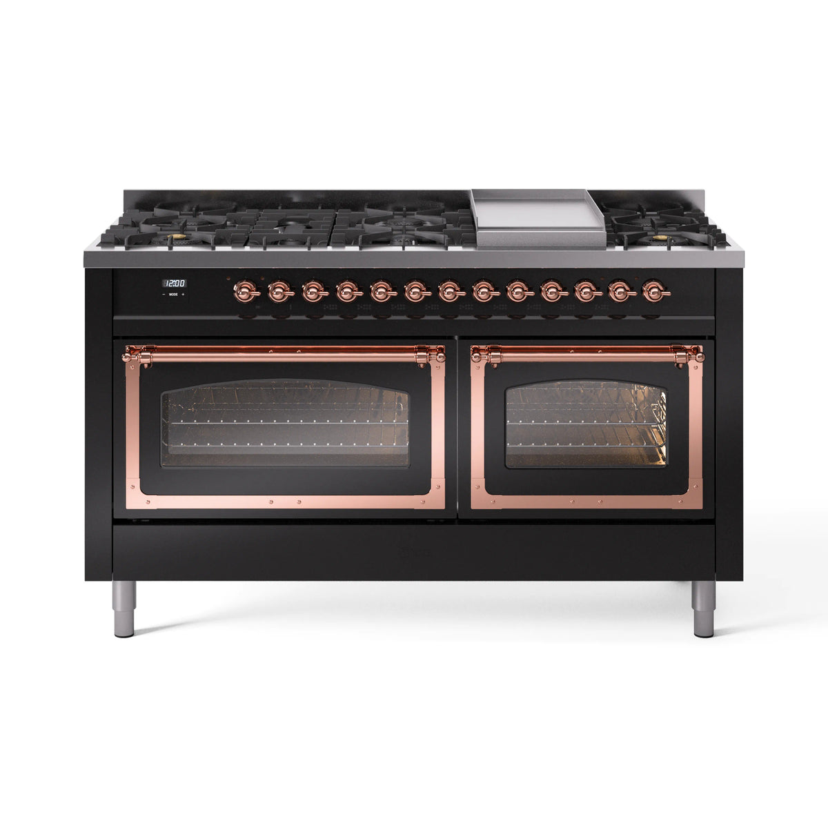 ILVE Nostalgie II Noblesse 60-Inch Propane Dual Fuel Range, 9 Burners, Triple Glass Door Oven, Glossy Black with Copper Trim (UN60FNMPBKPLP)