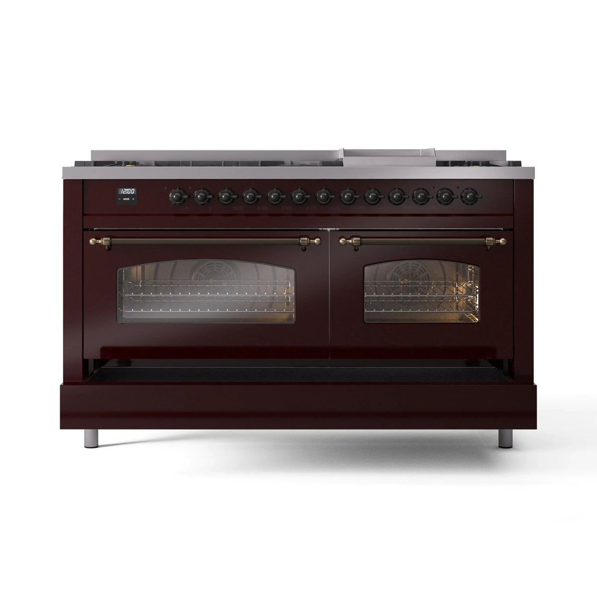 ILVE Nostalgie II 60-Inch Propane Dual Fuel Range, 9 Burners, Griddle, Glass Door Oven, Burgundy with Bronze Trim (UP60FNMPBUBLP)