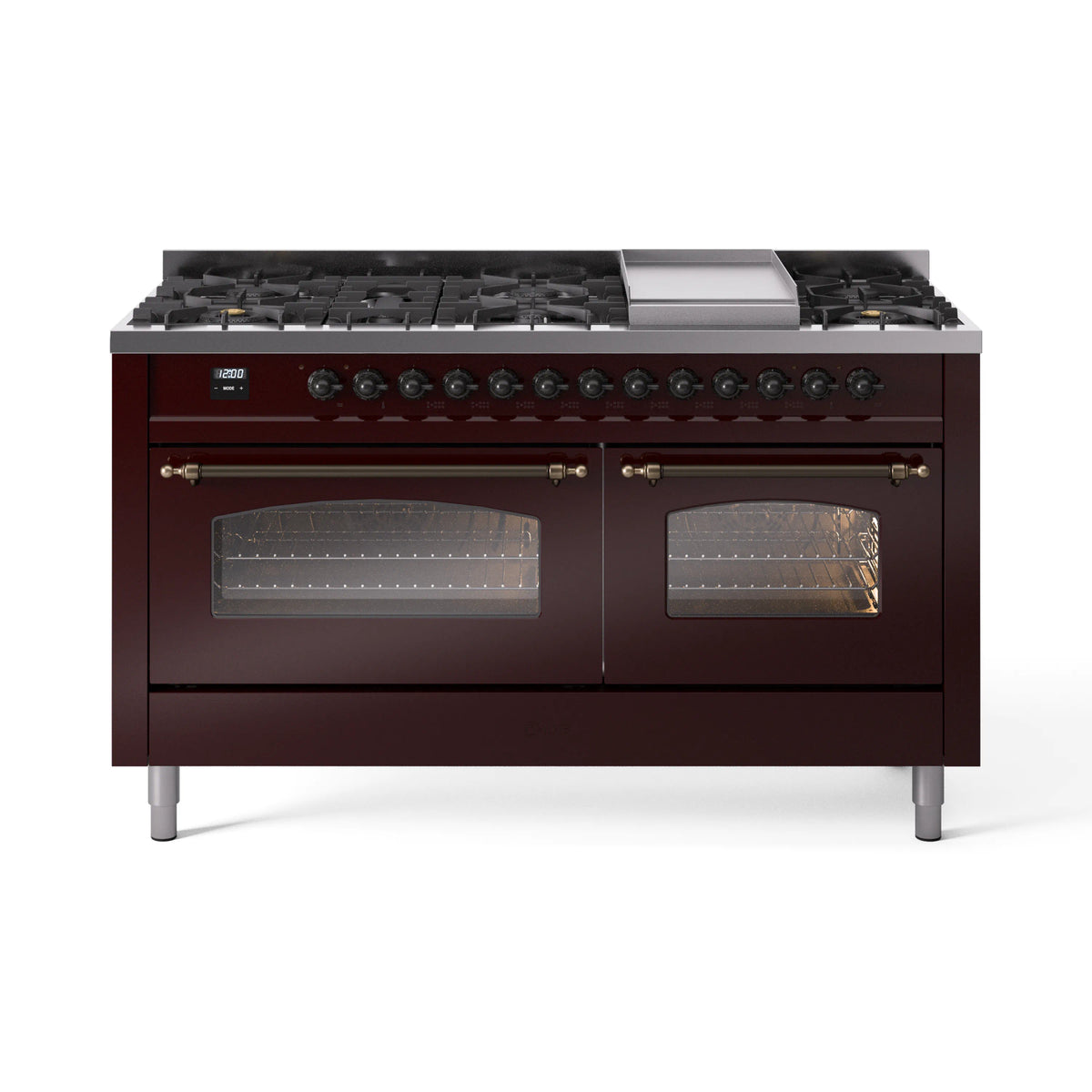 ILVE Nostalgie II 60-Inch Natural Gas Dual Fuel Range, 9 Burners, Griddle, Triple Glass Door, Burgundy with Burnished Bronze Trim (UP60FNMPBUB)