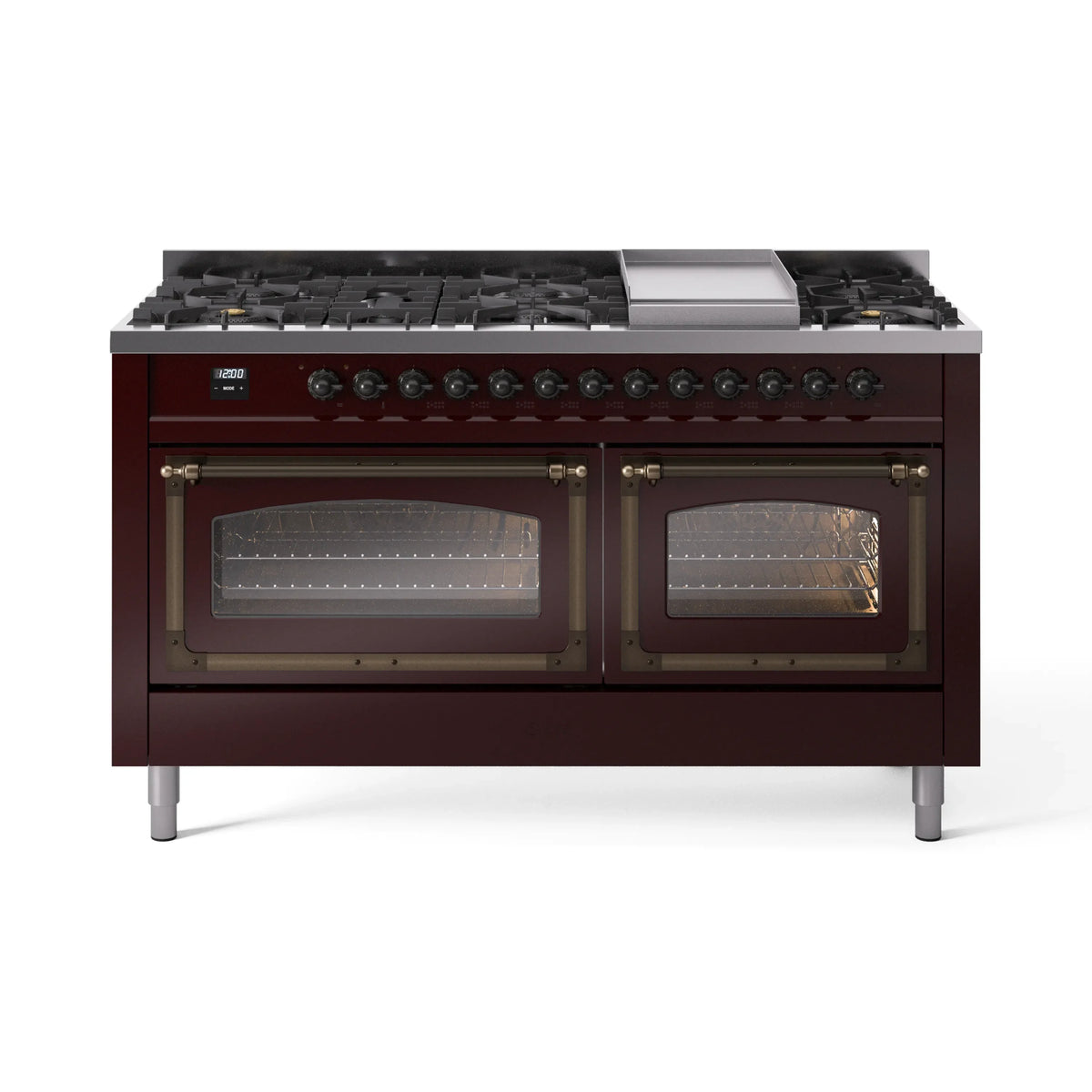 ILVE Nostalgie II Noblesse 60-Inch Natural Gas Dual Fuel Range, Burgundy with Burnished Bronze Trim (UN60FNMPBUB)