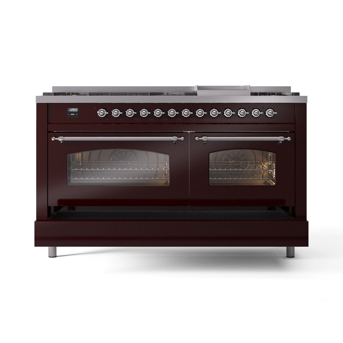 ILVE Nostalgie II 60-Inch Natural Gas Dual Fuel Range, 9 Burners, Griddle, Triple Glass Door, Burgundy with Chrome Trim (UP60FNMPBUC)