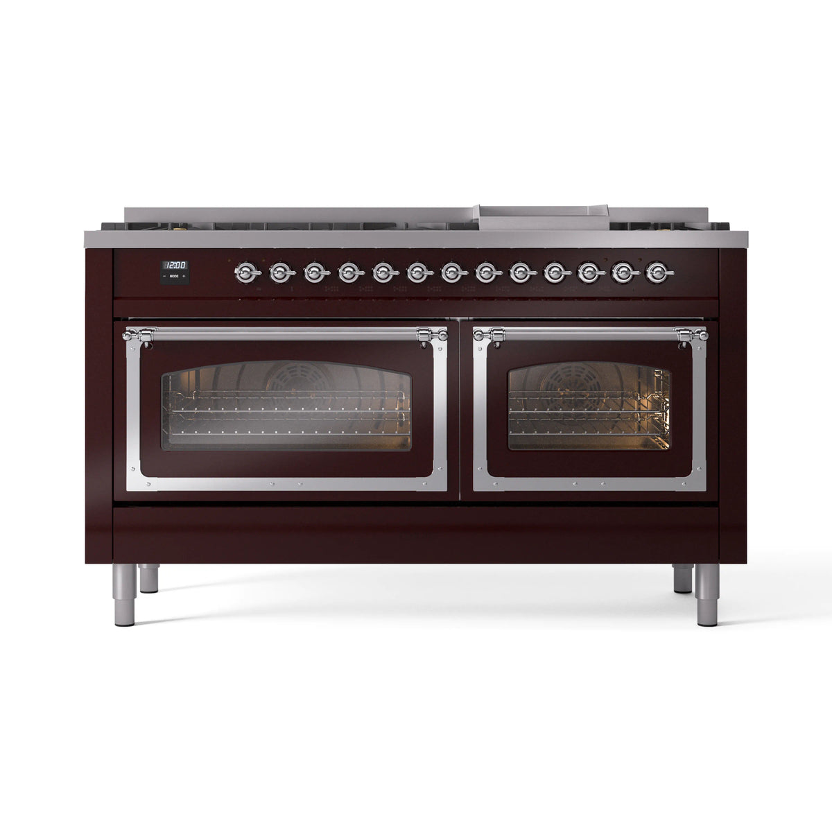 ILVE Nostalgie II Noblesse 60-Inch Propane Dual Fuel Range, 9 Burners, Triple Glass Door Oven, Burgundy with Chrome Trim (UN60FNMPBUCLP)