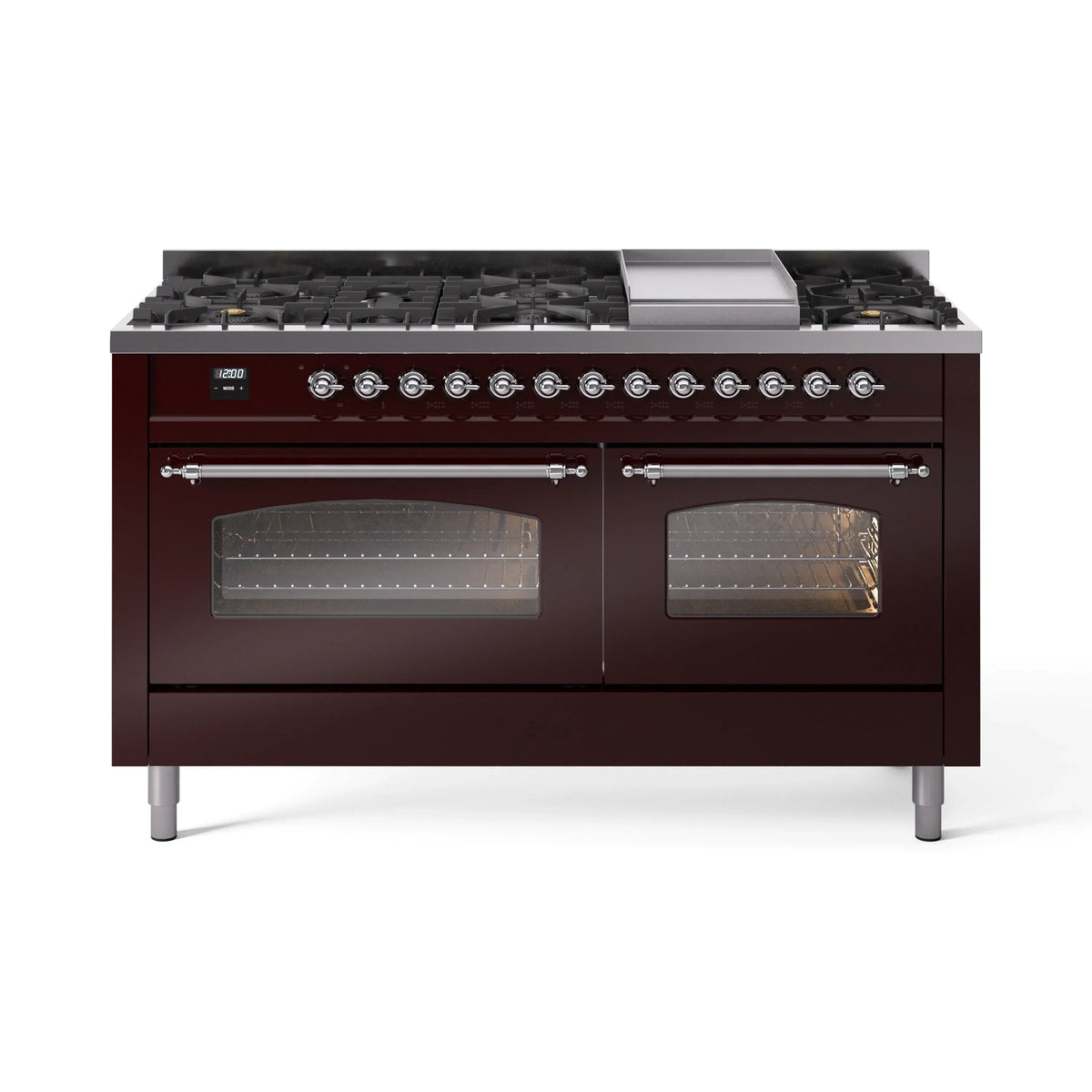 ILVE Nostalgie II 60-Inch Propane Dual Fuel Range, 9 Burners, Griddle, Triple Glass Door Oven, Burgundy with Chrome Trim (UP60FNMPBUCLP)
